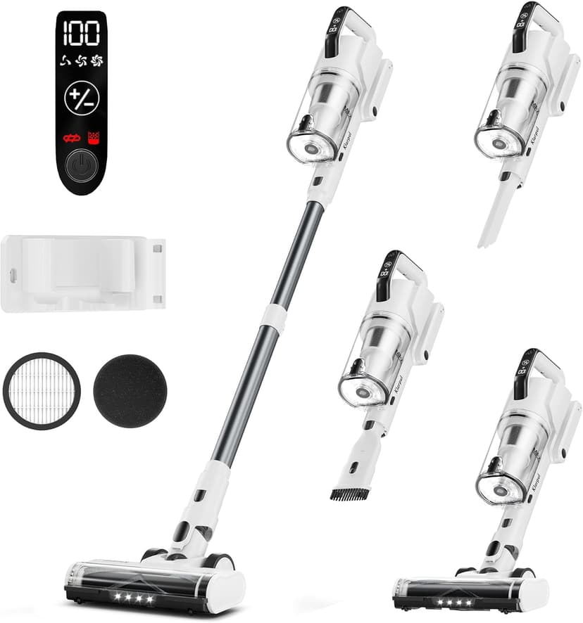 Cordless Vacuum Cleaner, 580W 48KPA 65Mins Runtime Fast Charging Vacuum Cleaner, Self-Standing LED Light Touch Screen Stick Vacuum for Home Light Weight,for Pet Hair/Carpet/Floor, White
