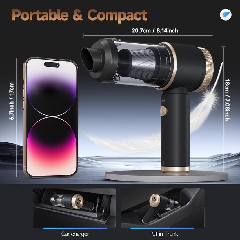 Car Vacuum Portable Cordless, Hand Vacuum with 16000PA High Power, 7 in 1 Mini Car Vacuum Cleaner with One-Click Empty, Dual Hepa Filter, LED Light, Type-C Charging Small Handheld Vac