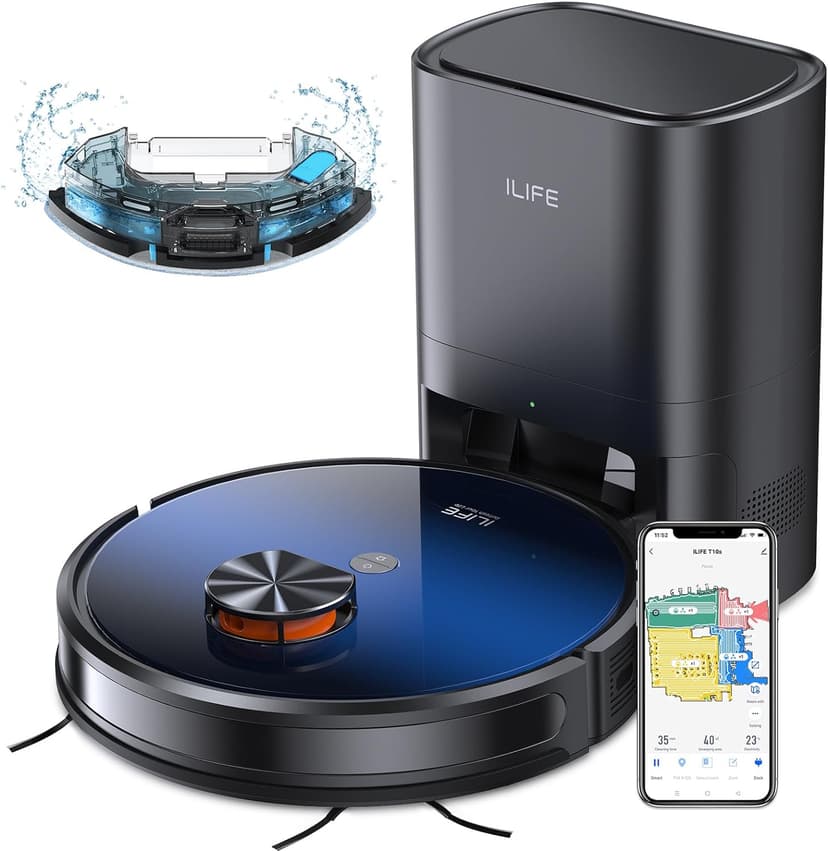 ILIFE Robot Vacuum and Mop Combo, Self Emptying for 60 Days of Cleaning, 3000Pa Suction and Lidar Navigation, Smart Mapping, Wi-Fi/App/Alexa Control, for Pet Hair Carpet Hard Floor, T10s