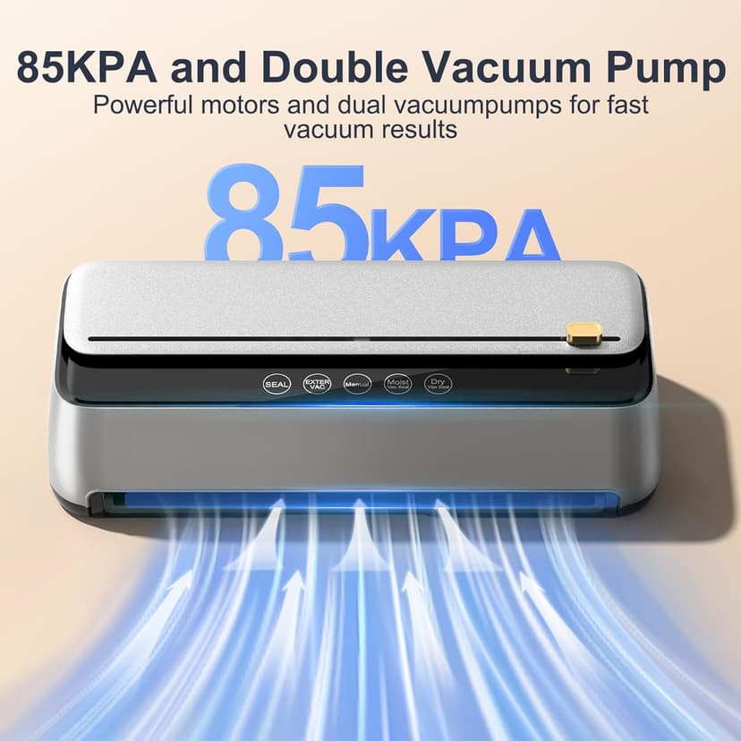 85Kpa Vacuum Sealer Machine for Food, 8-IN-1 Fully Automatic Food Sealer with Built-in Cutter & Bag Storage, Dry/Moist/EXT-VAC Modes, LED Touch Control, Includes 12 Vacuum Bags & 1 Roll Bag