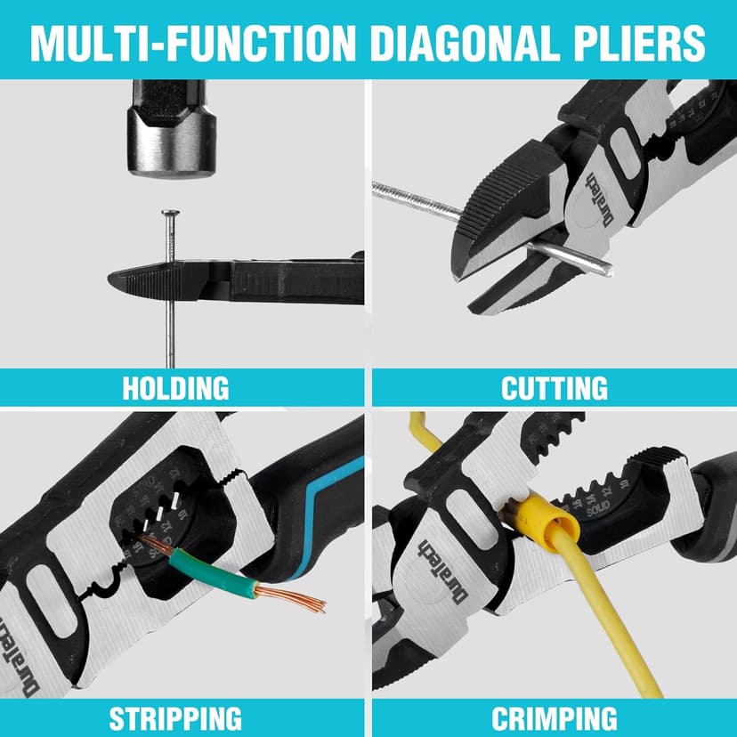 DURATECH 4-in-1 Diagonal Cutting Pliers, 8" Multifunction Heavy Duty Side-Cutting Pliers with Wire Stripper, Wire Cutters with Ergonomic Handle for Electricians and Homes