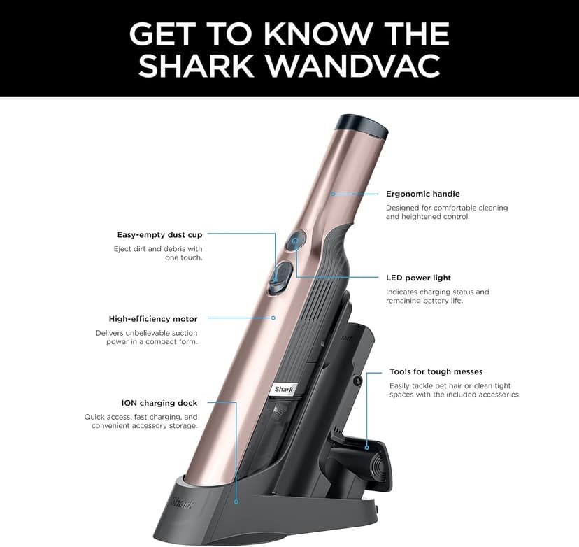 Shark WANDVAC Cordless Hand Vac, Lightweight, Portable at 1.4 lbs., Powerful Suction, Charging Dock, One-Touch Empty for Car & Home, Multi-Surface Pet Tool & Duster Crevice Tool, Rose Gold, WV201RGBRN