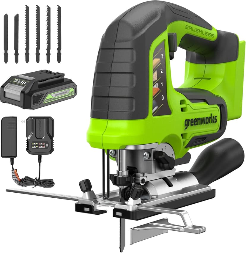 Greenworks 24V Brushless Cordless Jig Saw,3000 SPM,1 Inch Stroke Length Jigsaw with 6PCS Blades,4 Orbital Settings,45 Degree Cutting Angle,Tool-Free Blade Changing