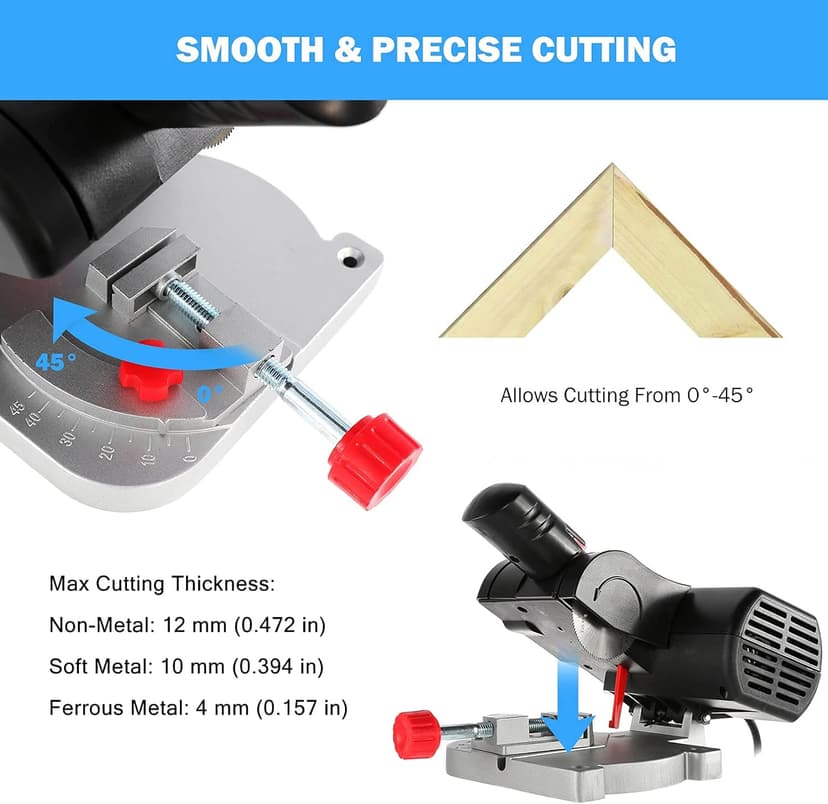 BEAMNOVA Mini Miter Saw Electric Power Table Benchtop Cut-Off Chop Max 45 Degree Cutting for Crafts Miniatures Metal Wood Plastic Compound Cutter