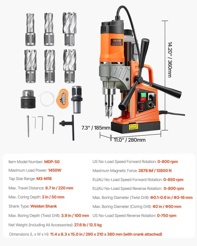 VEVOR Magnetic Drill, 1450W Motor 2 in Boring Diameter, 2878 lbf Portable Electric Mag Drill Press, with 6 Coring Bits, Variable Speed, Drilling Machine for Metal Surface, Home Improvement Industry