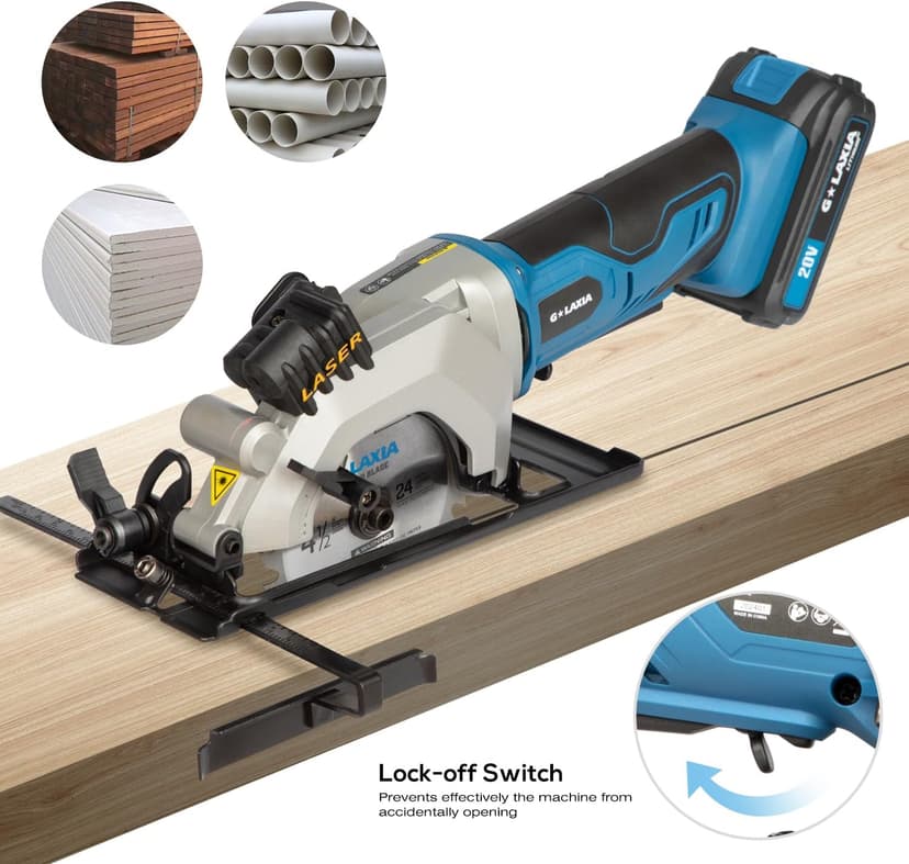 Mini Circular Saw, 4-1/2" 3400RPM Cordless Circular Saw with Laser Guide, Rip Guide, Compact Hand Saw with 2Pcs blades（24T+60T), Max Cutting Depth 1-11/16"(90°), 1-1/8"(45°)