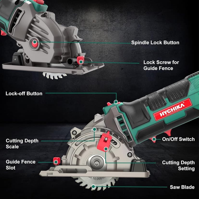 HYCHIKA Mini Circular Saw, Compact with 3 Blades 4A Pure Copper Motor, Scale Ruler, 3-3/8”4500RPM Ideal for Wood, Soft Metal and Plastic Cuts