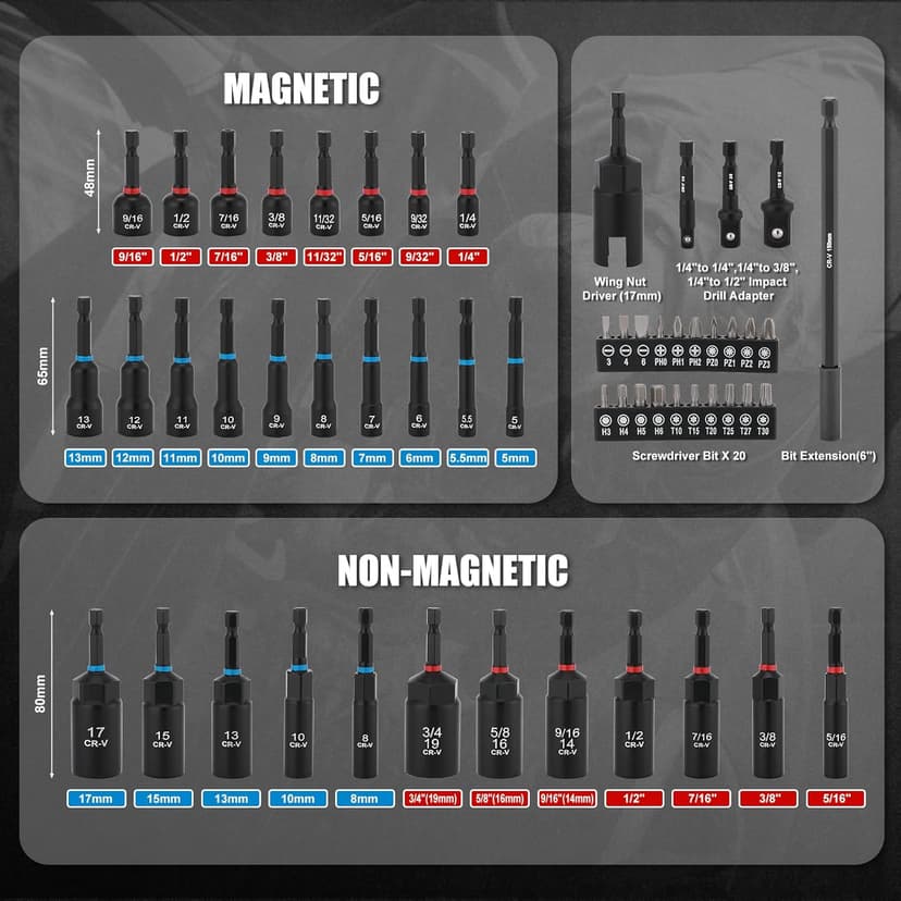 Mayouko 55PCS Magnetic Nut Driver Set, Impact Driver Bit Set, Deep Nut Driver Set,Impact Socket Adapters, Wing Nut Driver, Bit Extension, 6" Bit Holder, Screwdriver Bits