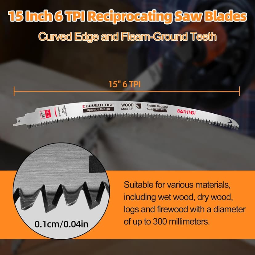 Sawzall Blades for Cutting Trees, 5 Pack 15 Inch 6 Tpi Japanese Teeth Reciprocating Saw Blades, Cr-V Wood Cutting and Tree Trimming Blades with Curved Edge and Fleam-Ground Teeth