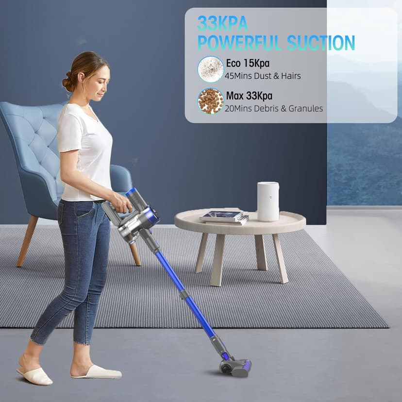 Cordless Vacuum Cleaner, 33KPA/400W Rechargeable Stick Vacuum Cleaner with 45 Mins Runtime, 6-in-1 Lightweight Portable Handheld Stick Vacuum for Home Hard Floor Carpet Car Pet Hair