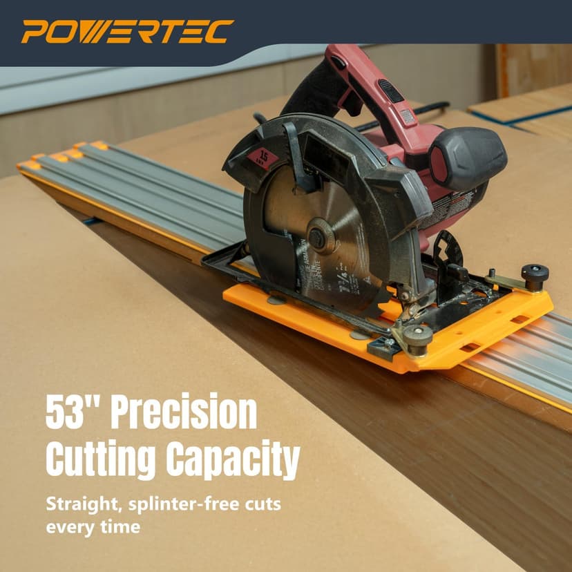POWERTEC 53 Inch Circular Saw Track Guide Rail System – Precision Rip-Cut and Cross-Cut Guide for Sheet Goods, Plywood, Panels, and DIY Woodworking (72094)