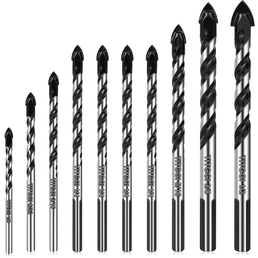 Professional Masonry Drill Bit Set (10PCS) for Glass/Brick/Plastic/Cement/Wood/Tile/Etc, Industrial Strength Carbide Drill Bit Tip, 1/8"-1/2" by TITGGI