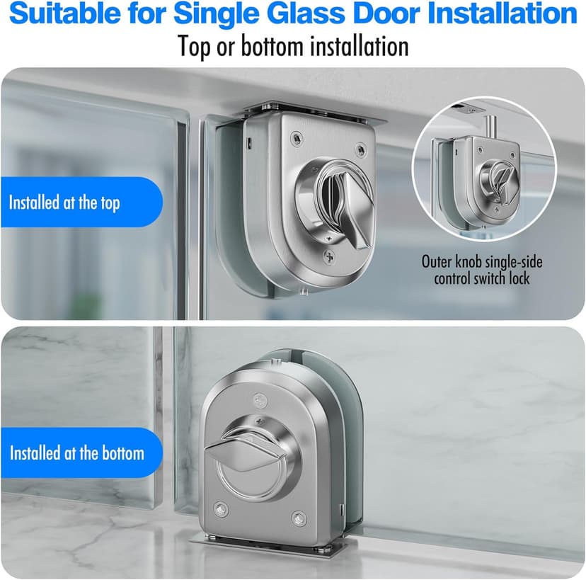 Ranbo Frameless Glass Door Floor Lock, Clamp-On No-Drill, 304 Stainless Steel, Fits 3/8"–1/2" (10–12 mm) Swing/Sliding Doors — Ideal for Office, Entrance,Storefront,Top or Bottom Mount,Brushed Nickel