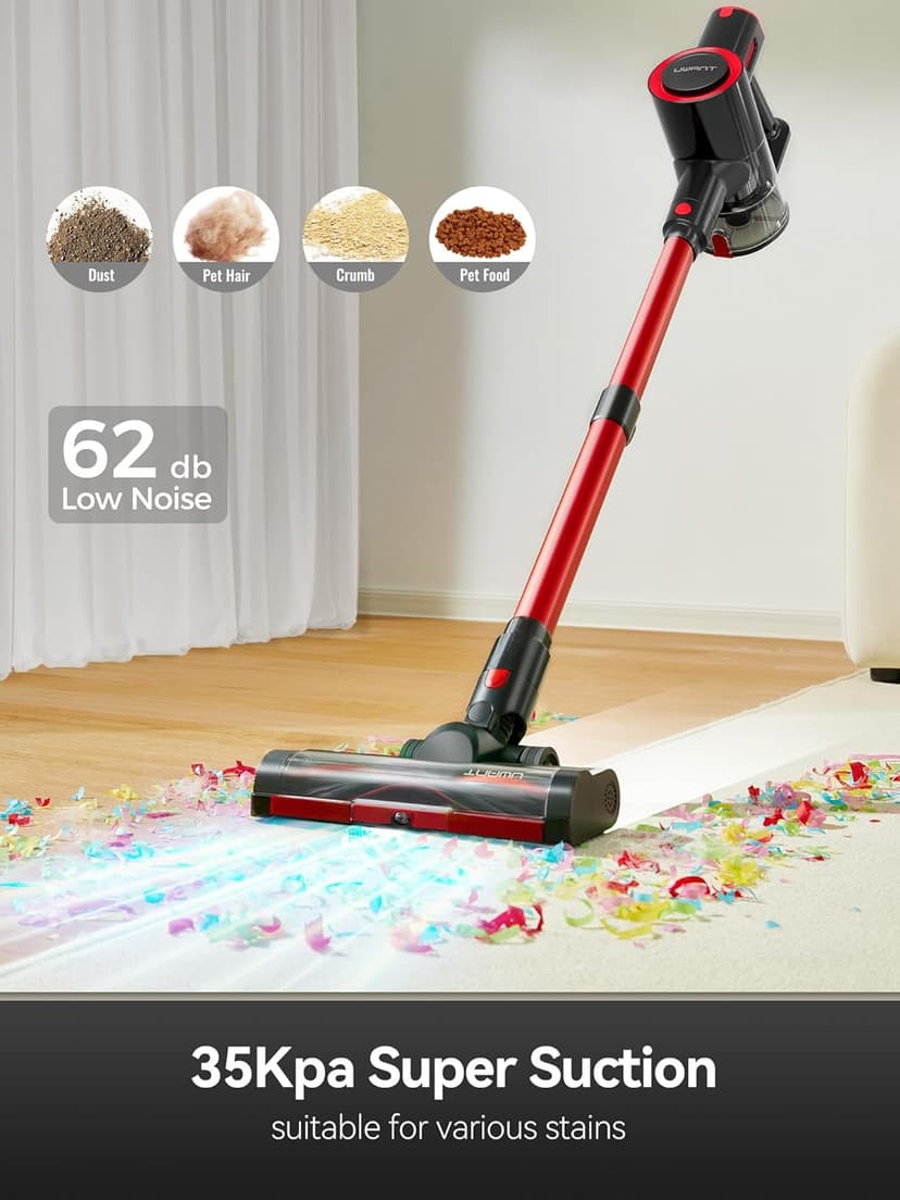 uwant Cordless Vacuum Cleaner 35Kpa Powerful Suction Wide Green Headlight Vacuum Cleaner for Home Pet Hair Anti-Tangle HEPA Lightweight Handheld Vacuum for Carpet Hard Floors (Black)