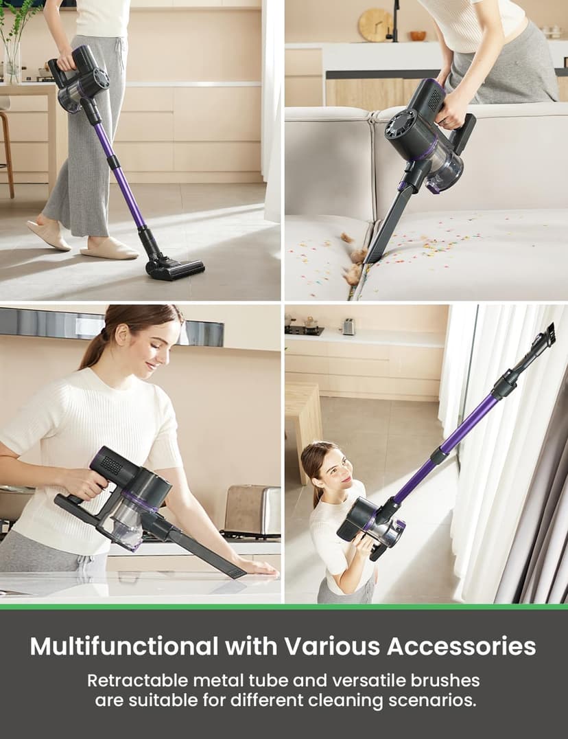 V8PRO Cordless Vacuum Cleaner for Home - 25Kpa Stick Vacuum with Self Standing Design, Max 35Min Runtime, 6 in 1 Lightweight Vacuum for Hardwood Floors and Carpet Pet Hair Car (Purple)