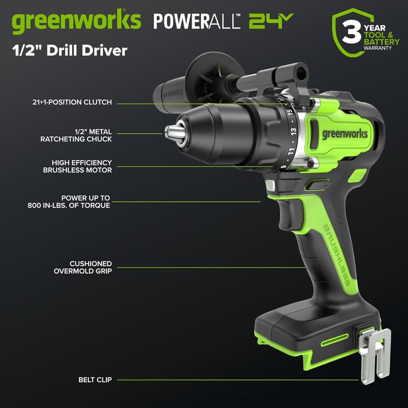 Greenworks 24V Cordless Brushless 800 in-lbs Drill/Driver, Professional Grade,21 Clutch, 4.0Ah USB-C Battery (24,000mAh Power Bank),65W USB-C Fast Charger(3-Port) and USB C to USB C Cable(3.3FT)