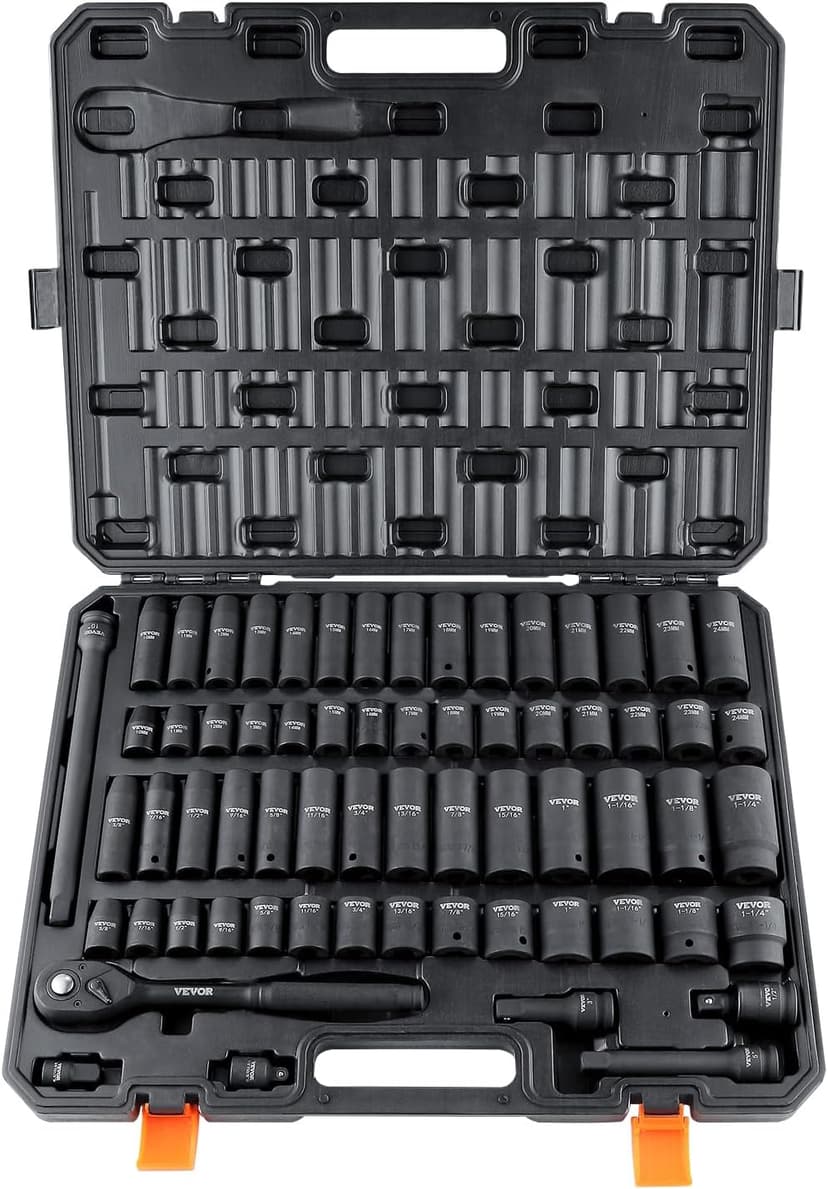 VEVOR 1/2" Drive Impact Socket Set, 65 Piece SAE 3/8" to 1-1/4" and Metric 10-24mm, 6 Point Cr-V Alloy Steel for Auto Repair, Easy-to-Read Size Markings, Rugged Construction, Storage Case