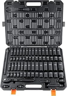 VEVOR 1/2" Drive Impact Socket Set, 65 Piece SAE 3/8" to 1-1/4" and Metric 10-24mm, 6 Point Cr-V Alloy Steel for Auto Repair, Easy-to-Read Size Markings, Rugged Construction, Storage Case