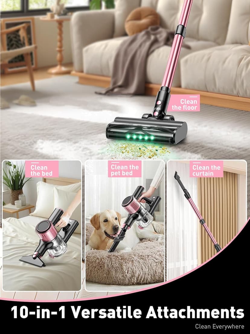 Cordless Vacuum Cleaner, 10-in-1 Vacuum Cleaners for Home with 28.75 in Hose, LED Display, Anti-Tangle Brush, Lightweight Stick Vacuums for Carpet, Pet Hair, Hardwood Floors, Dryer (Pink)