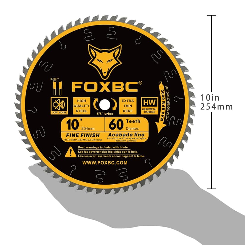 FOXBC 10 Inch Thin Kerf Fine Finish Crosscut Table Saw Blade, 60-Tooth ATB, with 5/8-Inch Arbor