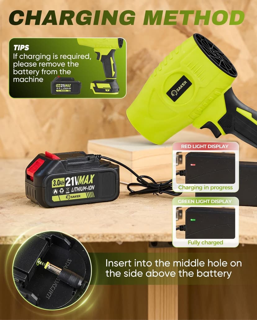 Saker Cordless Leaf Blower Portable Dust Cleaner Handheld Turbo Jet Blower 180000 RPM Air Duster with Adjustable Speed for Drying Patio Cleaning 2 Batteries Green