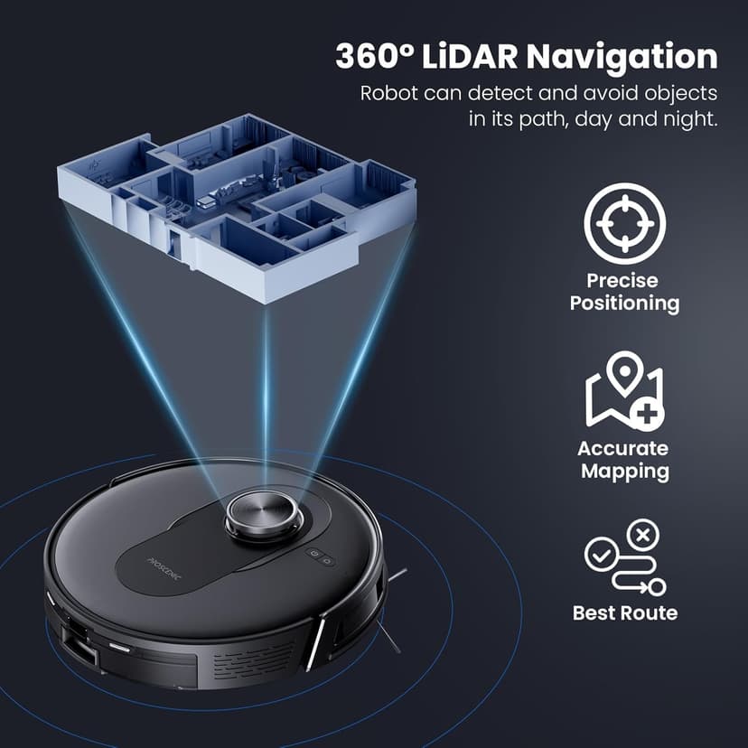 Proscenic Q8 Max Robot Vacuum and Mop with Self Emptying for 60 Days, 5,000 Pa Suction, LiDAR Navigation with Home Mapping, 200 Min Run, Auto Self-Charging, WiFi APP Control for Floor