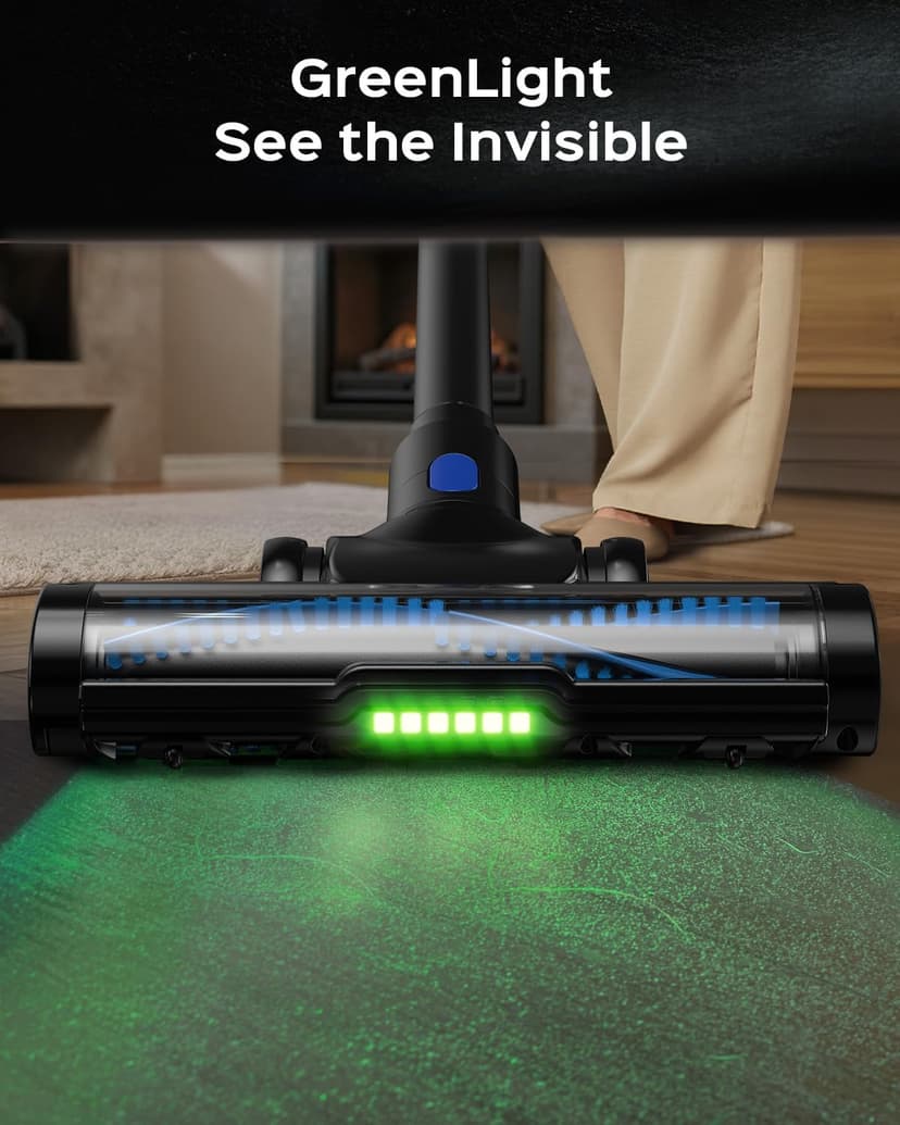 Cordless Stick Vacuum Cleaner, 55Min Cordless Vacuum Cleaners for Home, Powerful Suction Rechargeable Vacuum with Green LED Headlight, Lightweight Stick Vac for Carpet, Hardwood Floors & Pet Hair