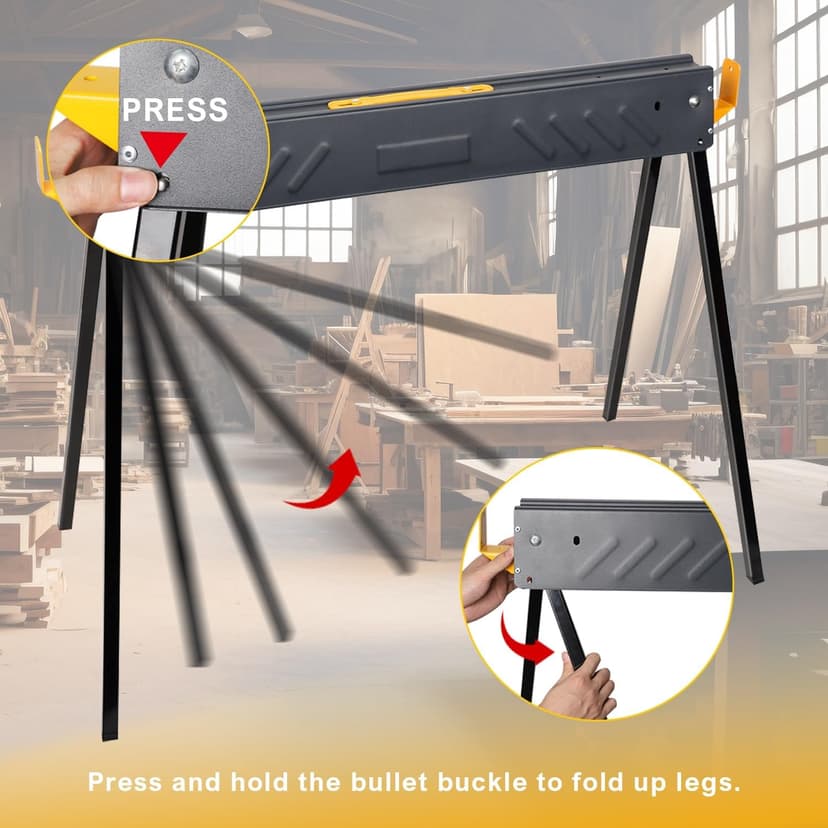 FORUP 2 Pack Heavy Duty Folding Portable Saw Horses Table, 1322 Lbs Load Capacity Metal Saw Horse with Fast Open Legs and Easy Grip Handle for Woodworking, Dark Grey & Yellow
