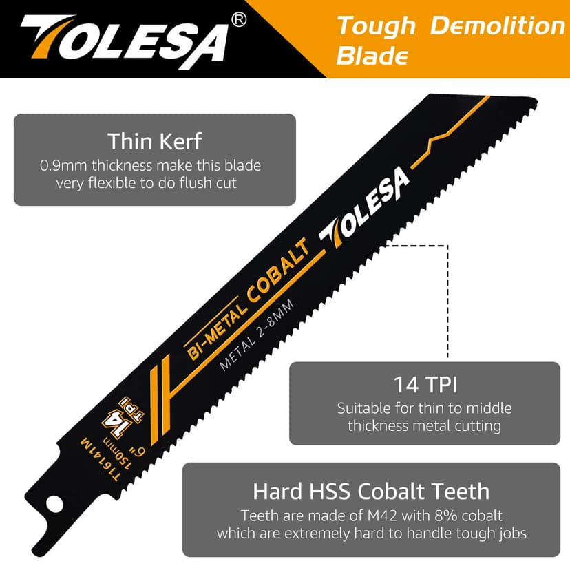 TOLESA Heavy Metal Cutting Reciprocating Saw Blades 6 Inch 14TPI for Pipe, Rebar, Bi-Metal Sabre Saw Blades 5 Pack