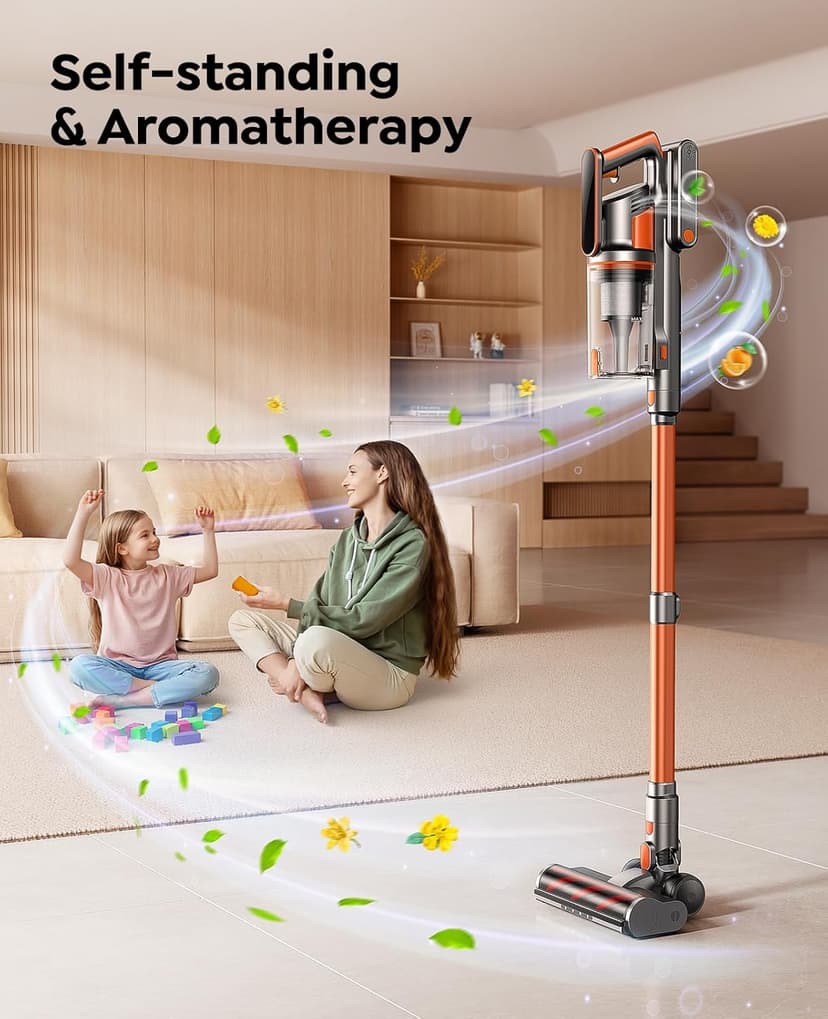 Cordless Vacuum Cleaner, 550W/45KPa/60Min Runtime Stick Vacuum with 3.3Ft Hose, Wall Mount Charging, Auto Mode, Touchscreen, Self-Standing Vacuum Cleaner for Home/Pet Hair/Carpet/Car, Fragrance