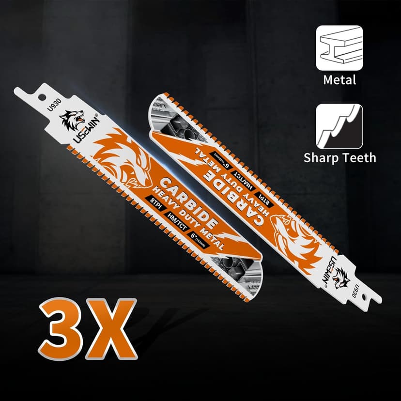 3 Pack Carbide Reciprocating Saw Blades, 6 Inch 8 TPI Metal Blades, Pruning Blade for Reciprocating Saw for Thick Metal, Cast Iron, Alloy Steel