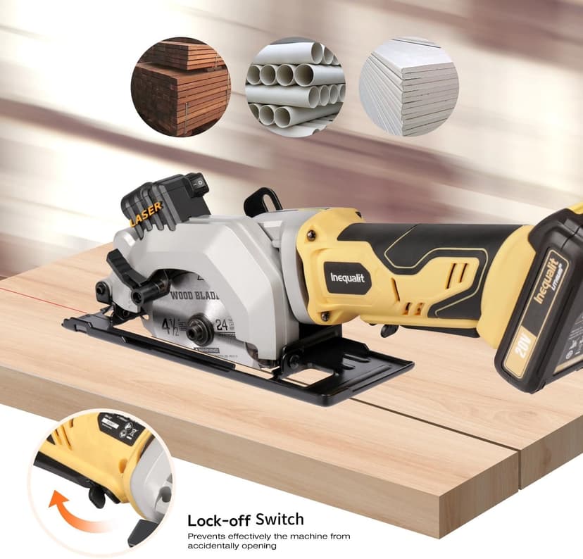 4-1/2 Inch Mini Circular Saw, 3400 RPM Cordless Circular Saw with Laser Guide, Rip Guides, 2 Blades (24T Wood + 60T Metal), Max Cutting Depth 1-11/16" (90°), 1-1/8" (45°)"