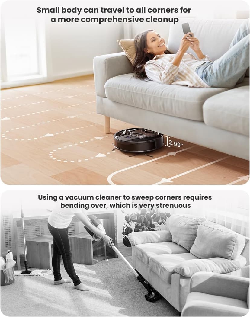 Lefant M320 Robot Vacuum Cleaner, Carpet Detection, 6,000 Pa Suction, Low Noise, 800ml Visible Dustbin, 210 Mins Runtime, Self-Charging, Works with Alexa, Ideal for Hard Floor, Pet Hair, Black