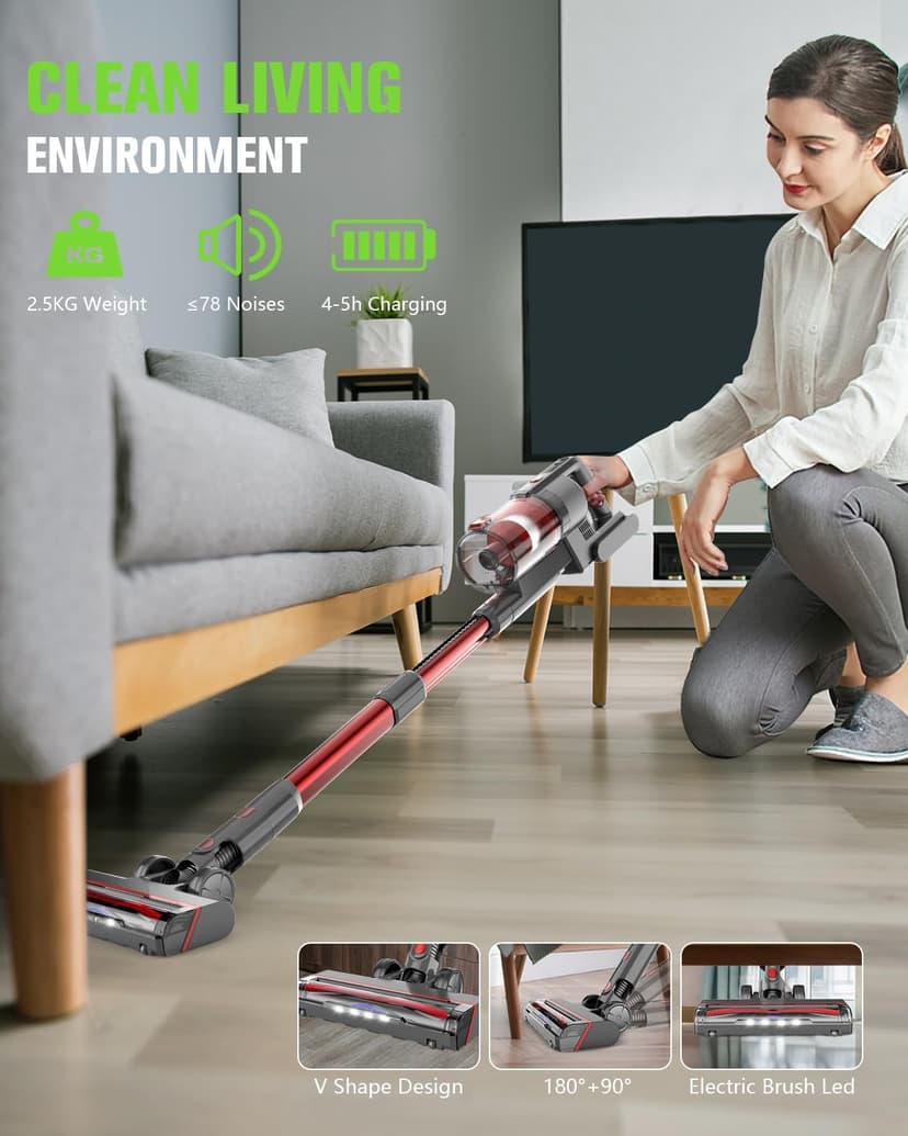 Cordless Vacuum Cleaner Rechargeable with 2600mAh Detachable Battery, 80,000PRM Powerful Vacuums with 2 Adjustable Suction, Lightweight Portable Stick Vacuum (Sunset Red)