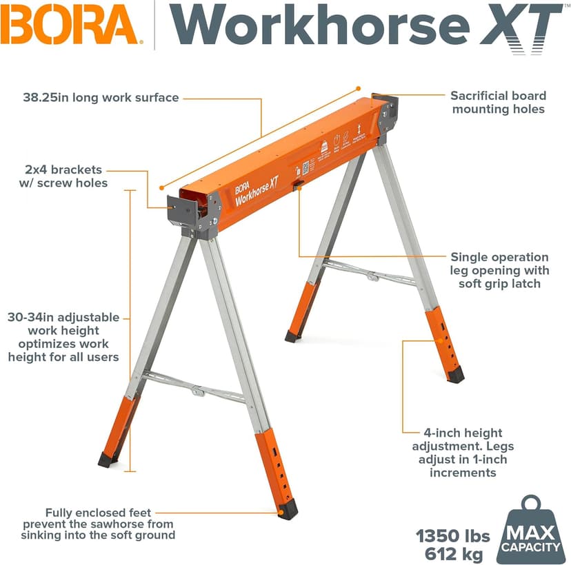 BORA Workhorse XT Saw Horses 2 Pack Folding Heavy Duty Adjustable Height Sawhorse Pair with Adjustable Legs, Heavy Duty Saw horse for Contractors Portable Workbench w/Built in Bottle opener PM-3360T