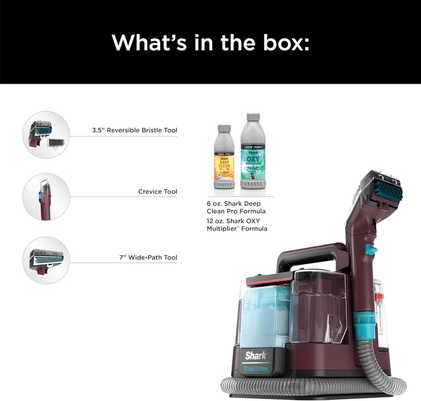 Shark Carpet Cleaner Machine, Portable Upholstery StainStriker, Spot, Odor & Stain Remover, 2 Carpet Cleaner Solutions, 3 Tools, Perfect for Pet Hair, Area Rugs, Couches, Burgundy, PX203BRN