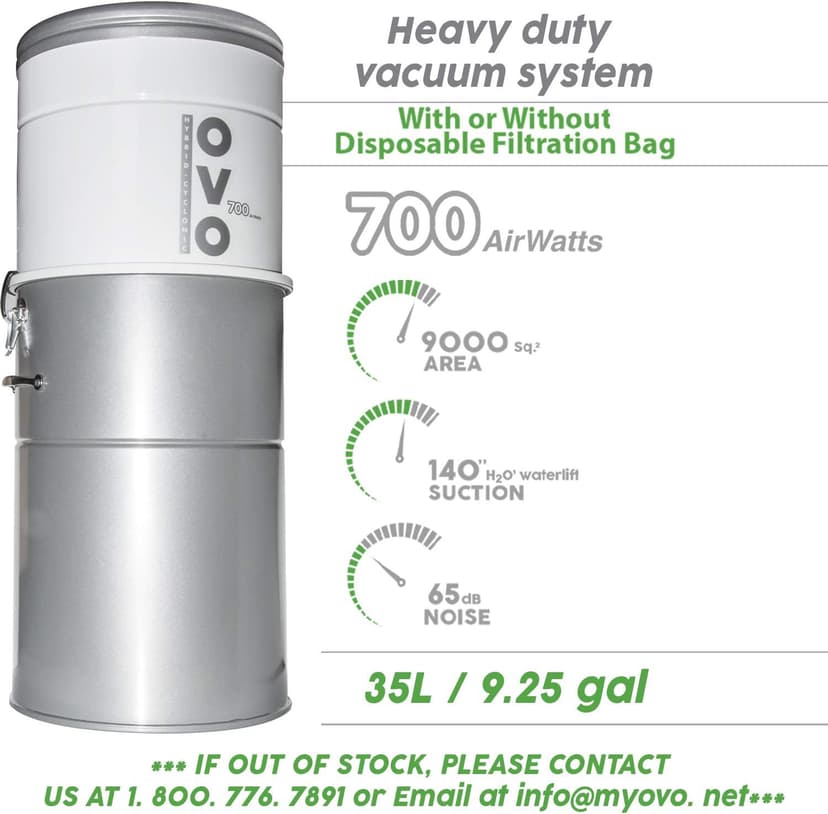 OVO Heavy Duty Powerful 700 Airwatts Central Vacuum System, Hybrid Filtration (with or Without Disposable Bags) 35L or 9.25Gal, with 30 ft Carpet Deluxe Accessory Kit