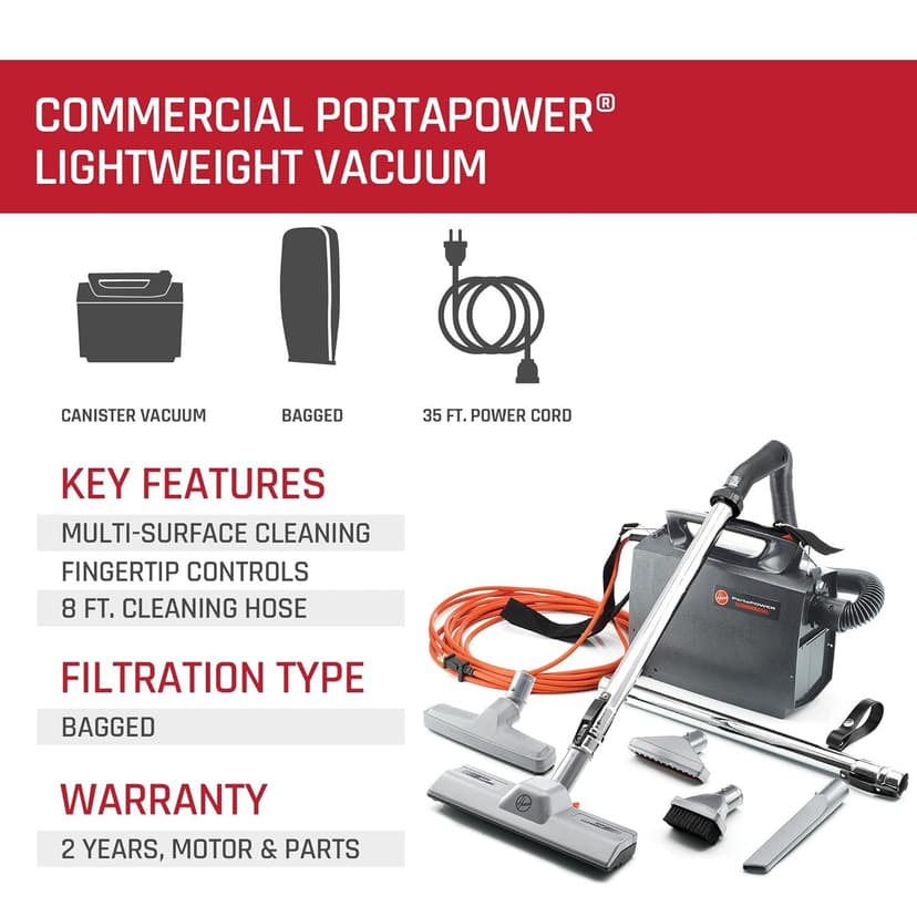 Hoover Commercial PORTAPOWER Lightweight Canister Vacuum Cleaner with Attachments, Portable Carriable Handheld Small Professional Grade Bagged, 8 Pounds, CH30000, Black