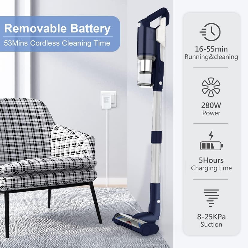 whall Cordless Vacuum Cleaner, Upgraded Strong Suction Brushless Motor Cordless Stick Vacuum Cleaner,Lightweight Handheld Vacuum for Home Pet Hair Carpet Hard Floor,up to 55mins Runtime,Blue