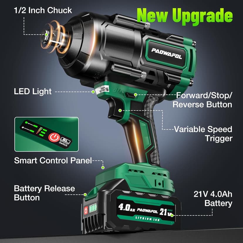 1500N.m(1106ft-lbs) Brushless Impact Wrench, High Torque 1/2" Impact Driver with 2* 21V 4.0AH Battery, Fast Charger, 5 Sockets & Storage Case, Cordless Impact Driver for Home Car Truck Tires