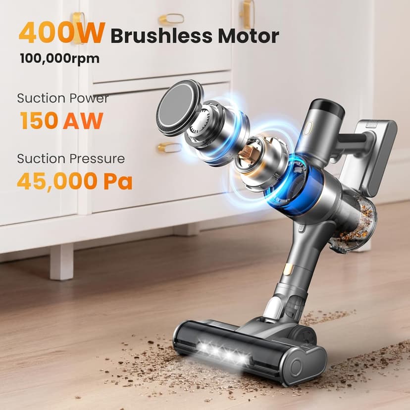 Dzaki Vacuum Cleaners for Home, 400W 45KPa 55 Mins Runtime Cordless Vacuum Cleaner, Smart Induction Auto-Adjustment Stick Vacuum, Rechargeable Battery Vacuum Cordless for Carpet Floor Pet Hair (Gray)