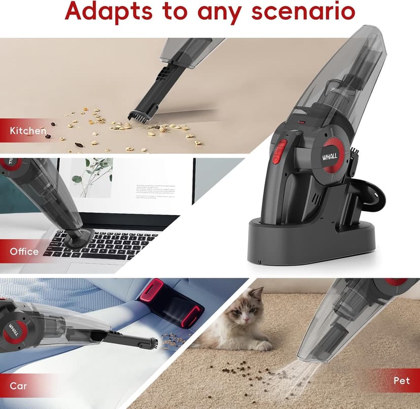 whall Handheld Cordless Car Vacuums, Wet and Dry Use 9000Pa Strong Suction Vacuums, Rechargeable Portable Vacuum Cleaner with LED, Charging Dock, Lightweight Mini Vacuum for Car, Home and Office, Red