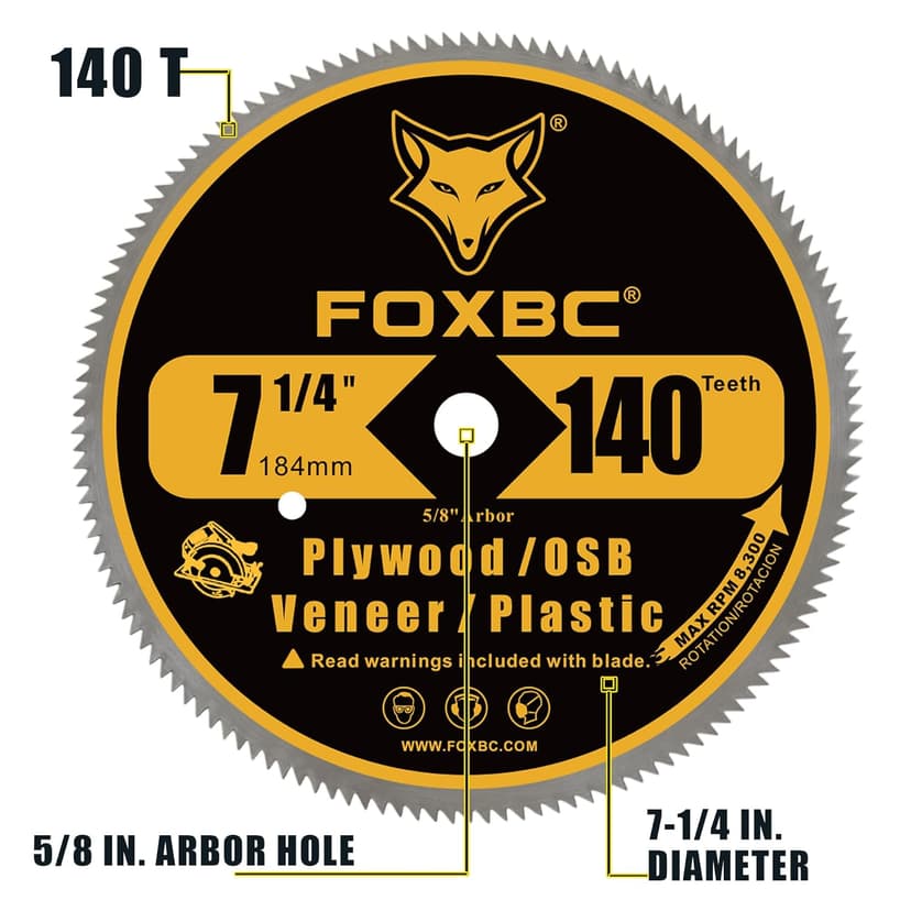 FOXBC 7-1/4 Inch 140 Tooth Fine Finish Carbon Circular Saw Blade for Plywood, OSB, Plastic, Veneer, Vinyl Wood Cutting with 5/8-Inch Diamond Arbor