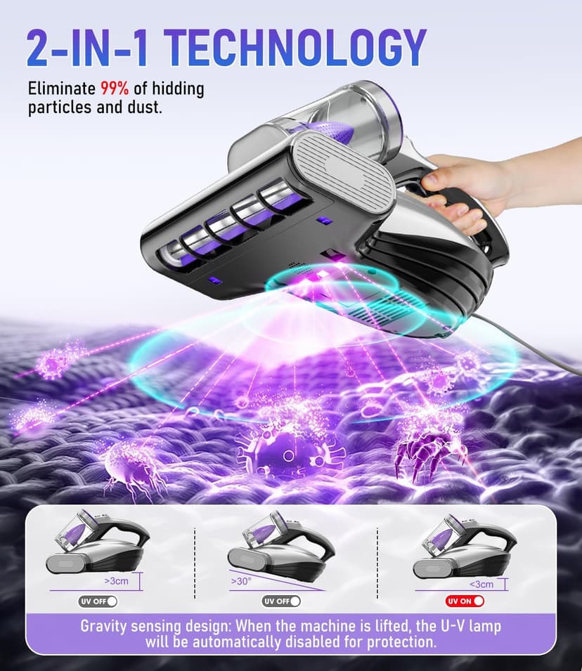 PM600 Mattress Vacuum Cleaner with UV-C Light,15kPa Suction 500W Powerful Handheld Vacuums with HEPA Filter,Clean Up Dust for Bed,Pet Hairs,Baby Crib,Couch,Sofa,Carpets