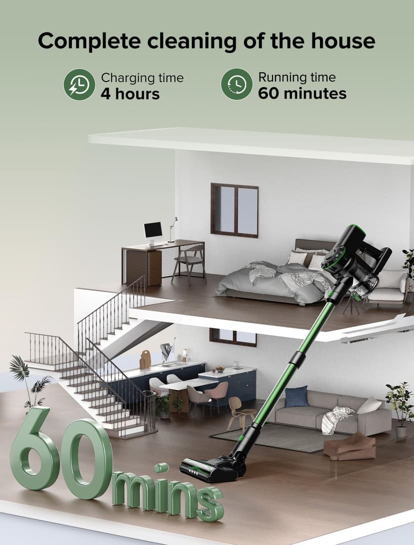 Vexilar Cordless Vacuum Cleaner, 550W/45Kpa Vacuum Cleaners for Home, Stick Vacuum with Brushless Motor, 45Mins Runtime, Touch Screen, Self-Standing, Lightweight Handheld Vacuum for Pet Hair(Green)