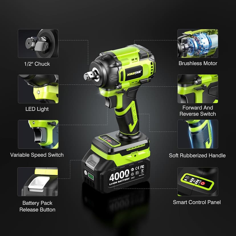 Cordless Impact Wrench, 406Ft-lbs (550N.m) Brushless 1/2 inch, 2800RPM High Torque Impact Gun, 2x 4.0Ah Battery, Charger, 4 Sockets, Electric Impact Wrench for Car Home