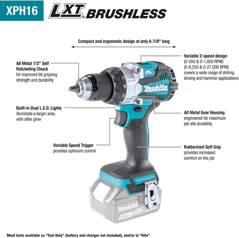 Makita XPH16Z 18V LXT® Lithium-Ion Compact Brushless Cordless 1/2" Hammer Driver-Drill, Tool Only
