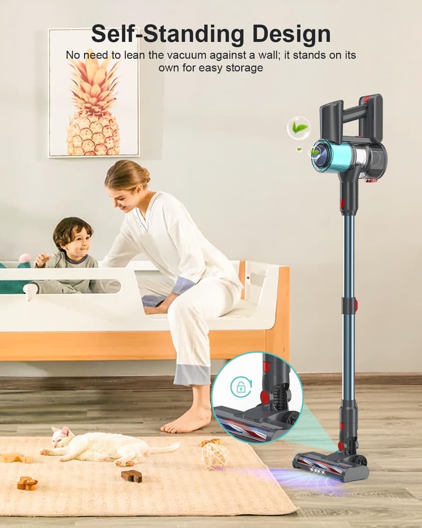 Cordless Vacuum Cleaner, 60 Mins Runtime Vacuum Cleaners for Home, Stick Vacuum Self-Standing, Wall Mount Charging, 3 Mode Handheld Vacuum for Pet Hair/Carpet/Floor