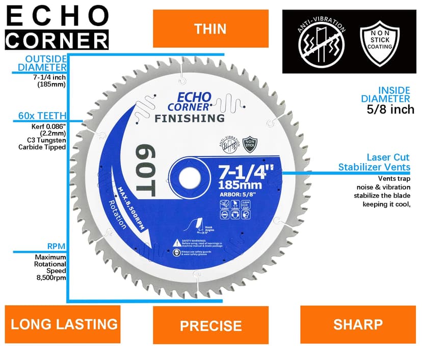 7-1/4 Inch Ultra Finish Circular Saw Blade 60T, Non-Stick Coating, for Wet Lumber, Composite Decking, Plywood, Plastic, Veneer, Laminate