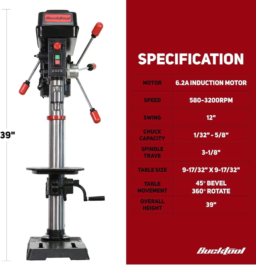 BUCKTOOL 12 INCH 6.2A Professional Bench Drill Press, 3/4HP Powerful Benchtop Drill Press, Variable Speed Drill Press with IIIA Laser and Work Light